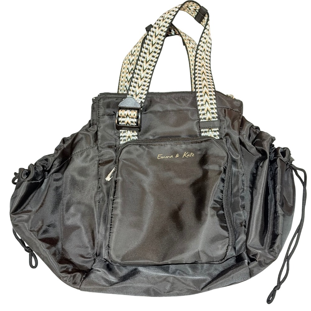 Emma & Kate Backpack Tote Womens Black Nylon Embroidered Strap Convertible Boho